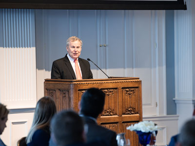 Dr. Stephen Gaukroger speaking in the Great Hall on the DBU campus in Dallas