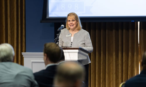 Dr. Mary Nelson speaking to a group of people at the Christian Leadership Summit on the DBU campus