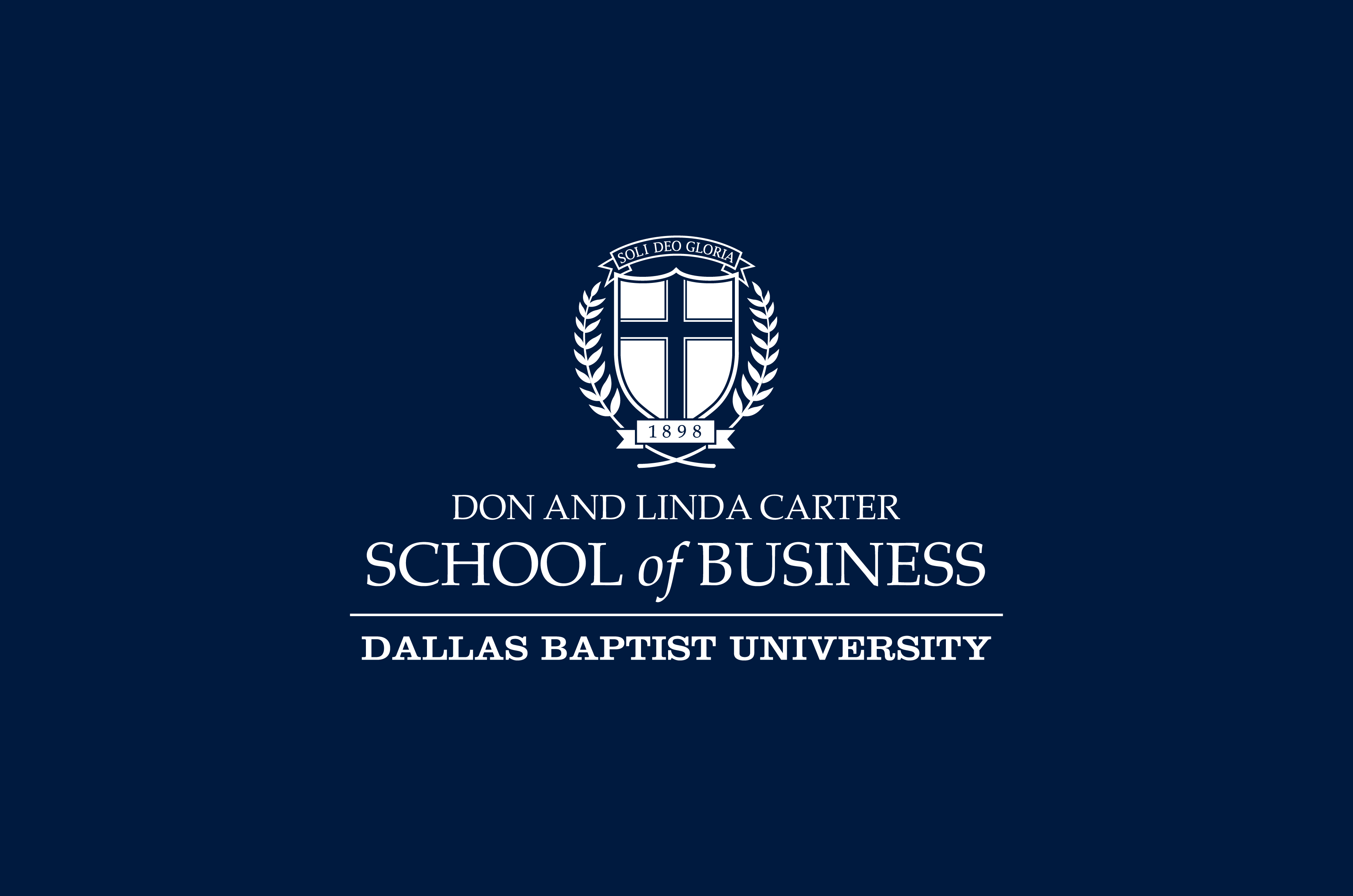 white DBU logo for the Don and Linda Carter School of Business on navy background