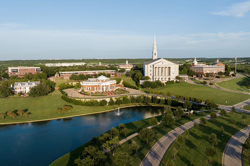 An aerial view of a Christian university campus located in Dallas, Texas