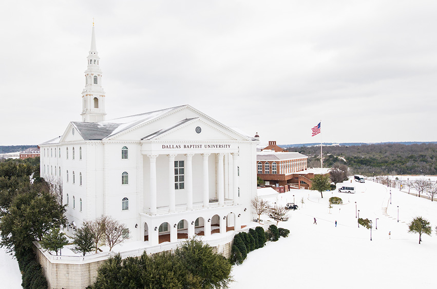 DBU chapel with snow and ice on the campus