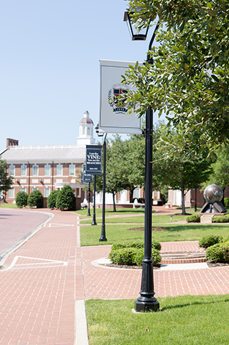 light pole with DBU shield logo flag on a white background with campus buildings in back
