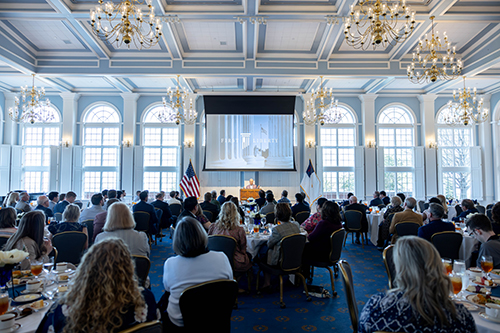 Gallup Luncheon with Kelly Shackelford speaking to a crowd about the importance of religious freedom