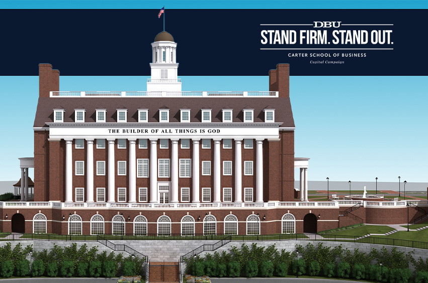 Rendering of Jim & Julie Turner Hall with CSB Campaign logo