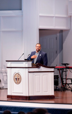 Chip Luter speaking from the pulpit at DBU Pilgrim Chapel