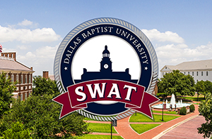 swat logo over a DBU campus beauty photo