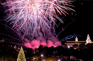 christian college in Texas during the Christmas season with fireworks