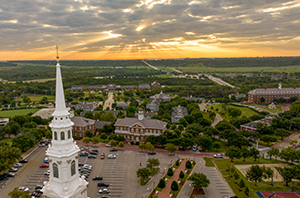aerial of a Texas Christian college campus in Dallas