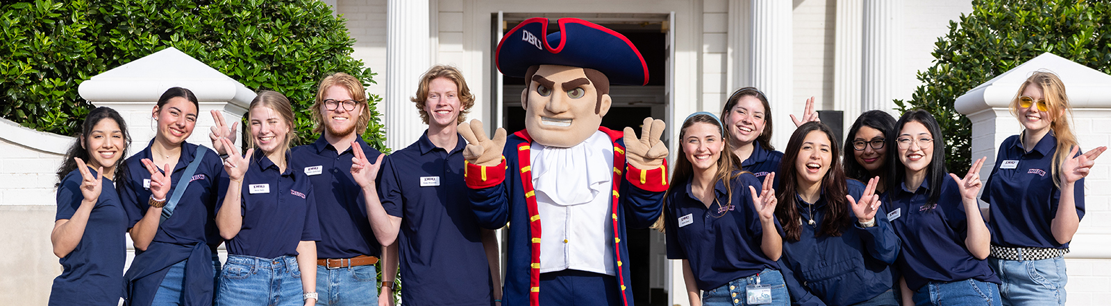 undergraduate admissions team at DBU with the Patriot Man mascot