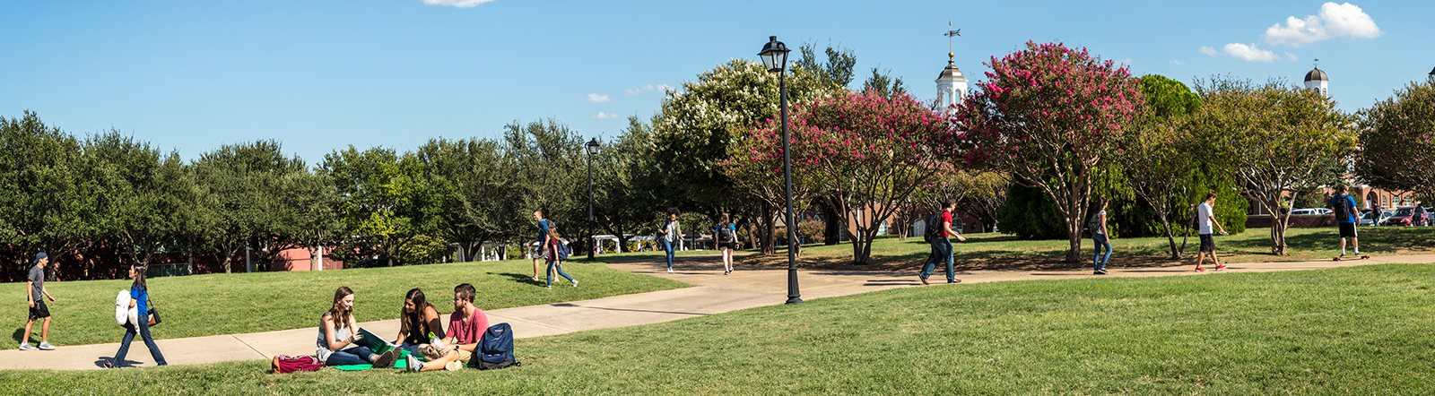 college students outside at DBU in Dallas, Texas, with blue skies
