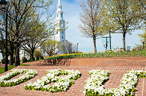 yellow flowers planted in the shape of the letters D B U with the chapel in the background