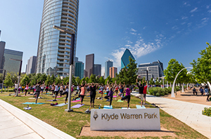 dallas skyline at Klyde Warren Park
