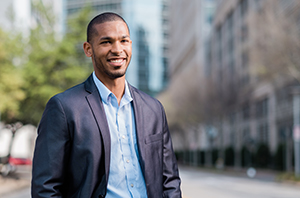 businessman wearing a suit standing in downtown Dallas