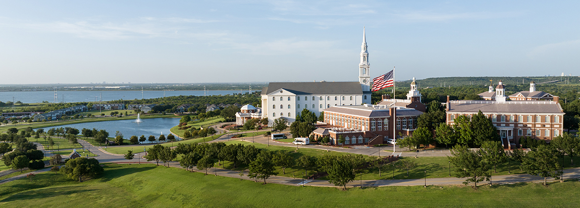 picture of a Christian college in Texas with an American flag flying on campus