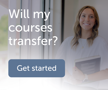 Student smiling next to the following text: Will my courses transfer? Add some courses and get results! Get started with Transferology.